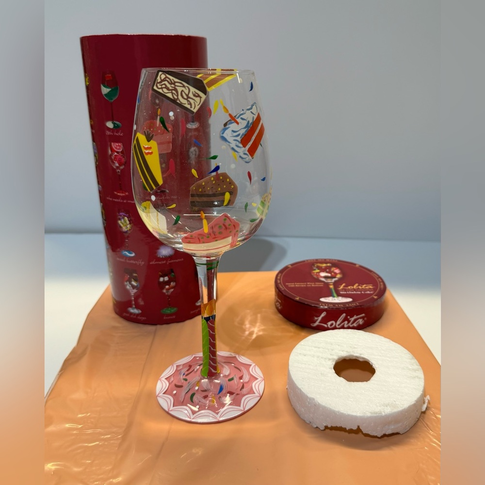 NIOB! Lolita Love My Wine “Birthday Cake” 15 oz Hand-Painted Wine Glass